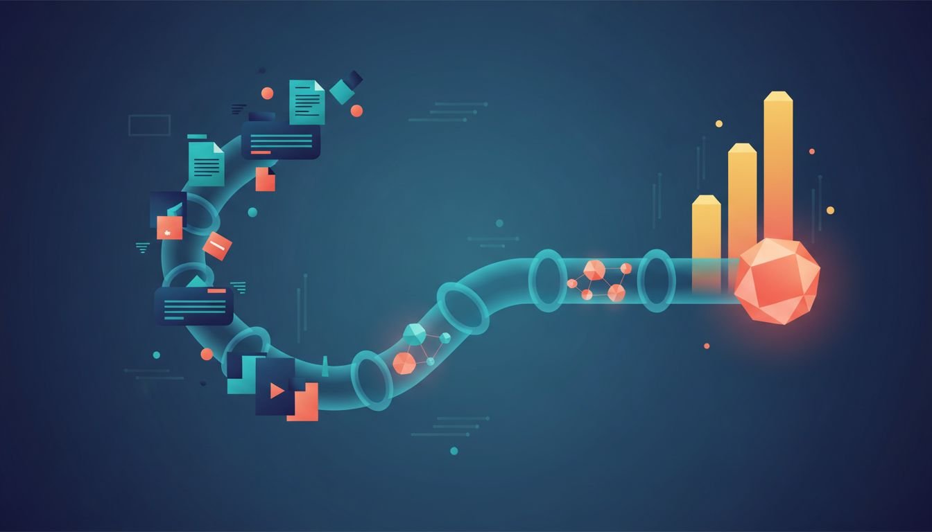 Abstract illustration of B2B content flowing into sales pipeline and rising revenue bars
