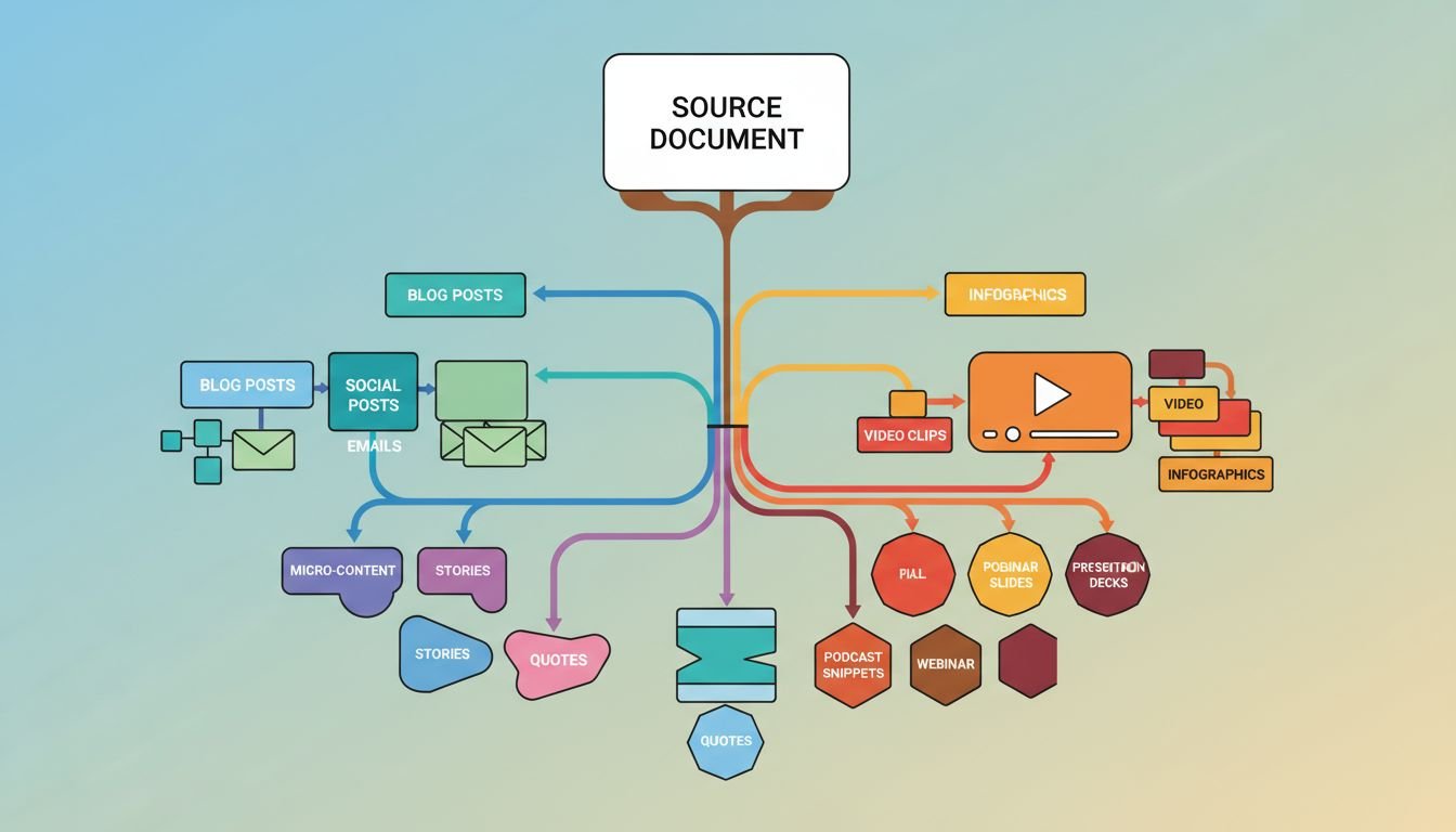 Illustration of one central content asset branching into many repurposed formats such as blog posts, social posts, emails, and video