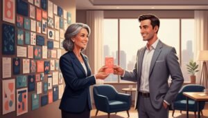 A senior content marketer handing a concise playbook card to a sales seller beside organized content cards, conceptual illustration