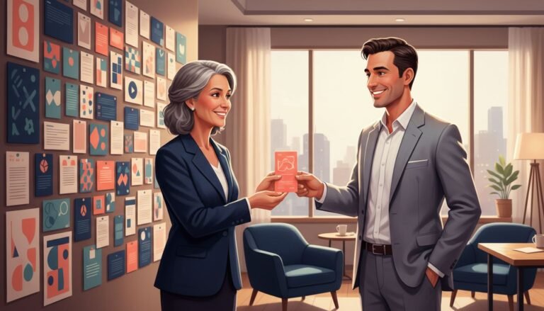 A senior content marketer handing a concise playbook card to a sales seller beside organized content cards, conceptual illustration