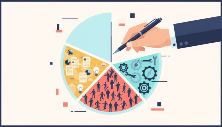 Editorial illustration of a translucent pie being divided into three wedges for people, programs, and platforms, metaphor for a B2B content marketing budget