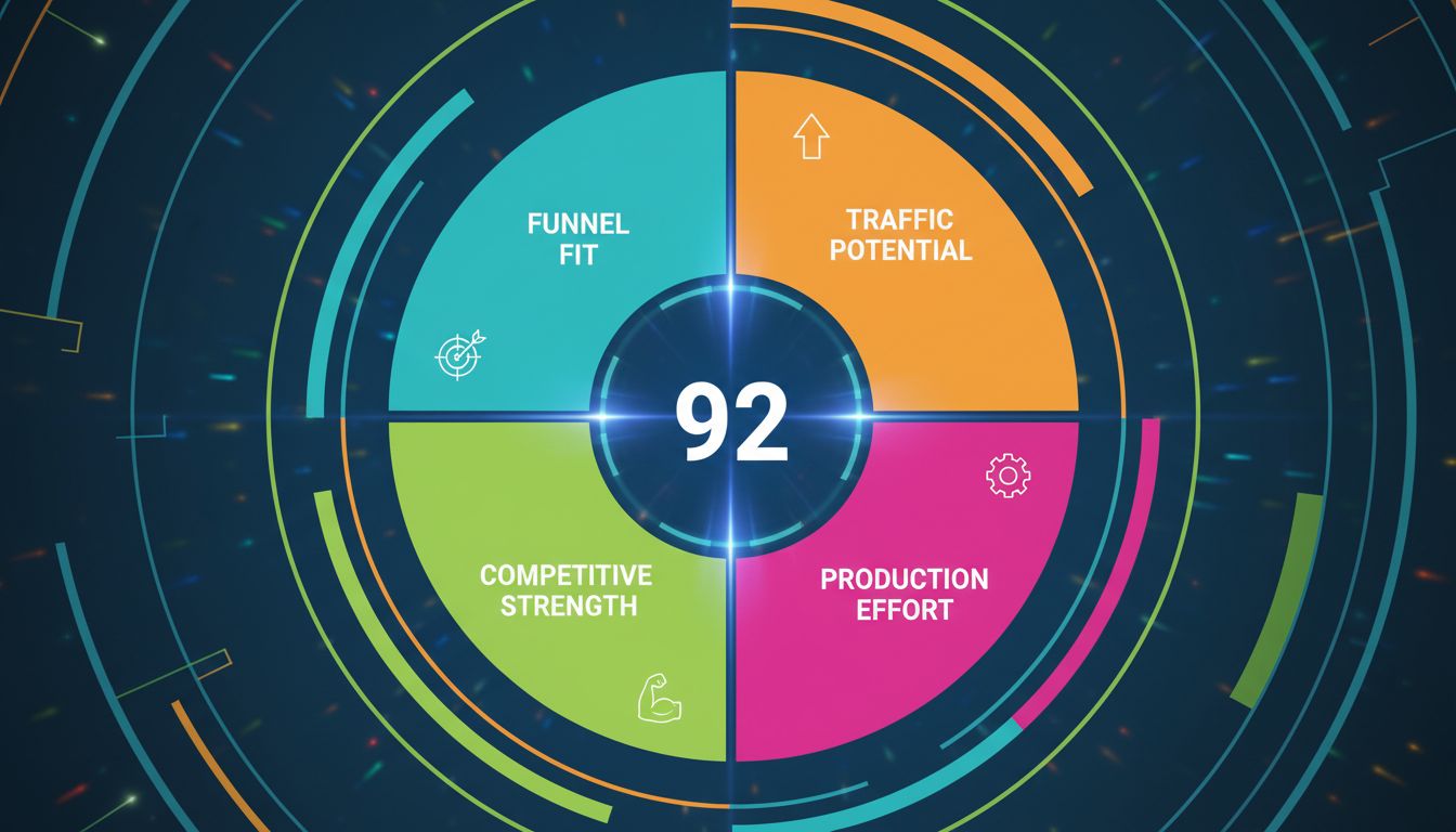 Whitespace Score framework showing four scoring factors: traffic potential, funnel fit, competitive strength, and production effort