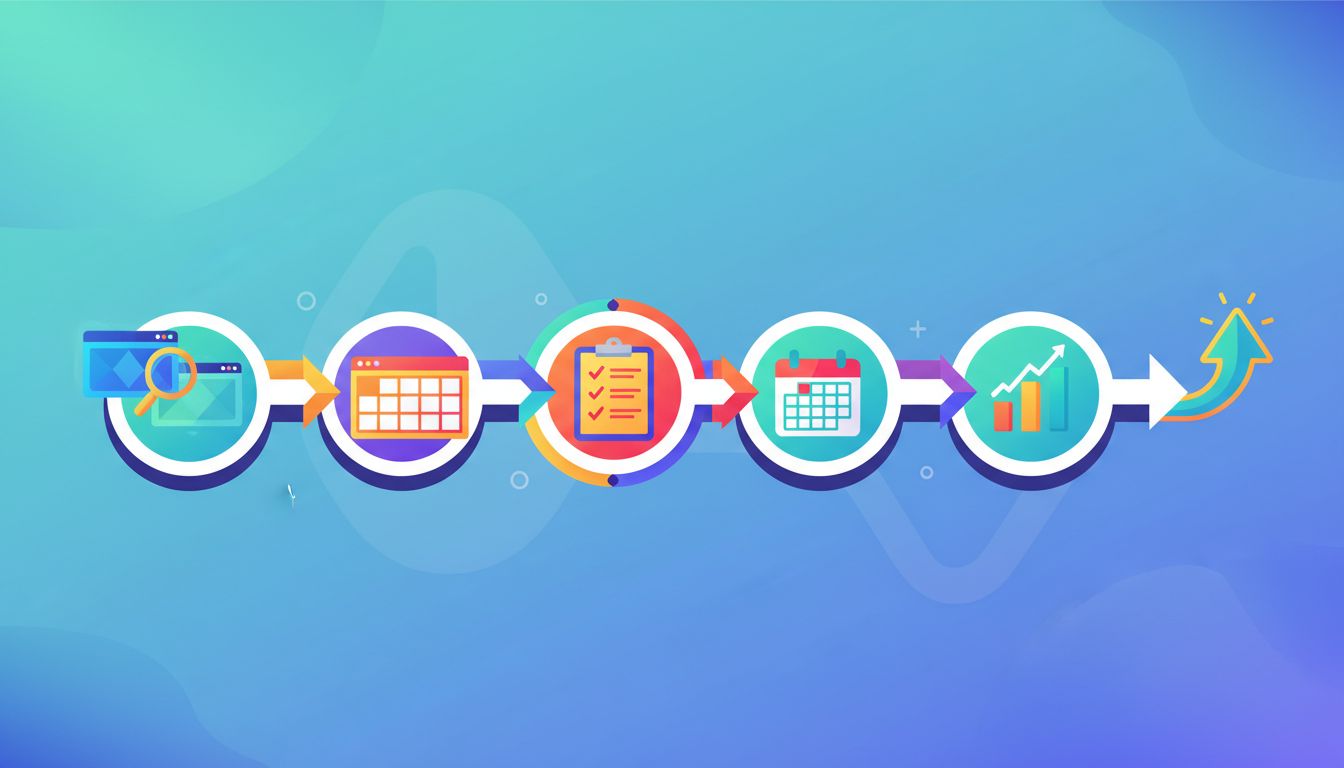 Six-step content gap analysis workflow from competitor research to scheduled calendar slot